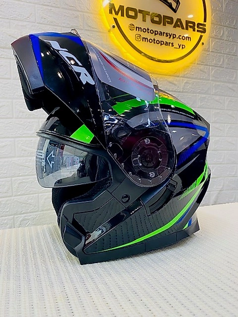 NCR-162 KASK ÇENE AÇILIR VİZÖRLÜ NEON MAVİ YEŞİL GRAFİK-M